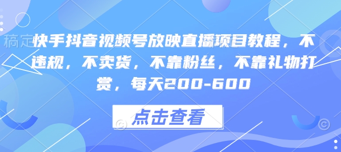 快手抖音视频号放映直播项目教程，不违规，不卖货，不靠粉丝，不靠礼物打赏，每天200-600-精品虚拟资源库