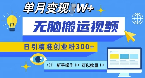 无脑搬运视频号可批量复制，新手即可操作，日引精准创业粉300+，月变现过W 【揭秘】-精品虚拟资源库