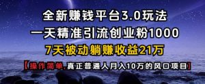 全新赚钱平台3.0玩法一天精准引流创业粉1000.7天被动躺Z收益21W【仅揭秘】-精品虚拟资源库