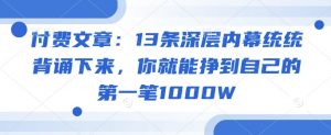 付费文章：13条深层内幕统统背诵下来，你就能挣到自己的第一笔1000W-精品虚拟资源库