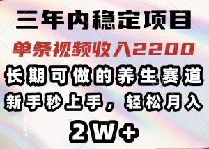 三年内稳定项目，长期可做的养生赛道，单条视频收入2200，新手秒上手，...-精品虚拟资源库