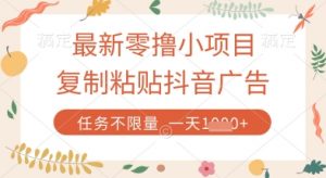 最新零撸小项目，复制粘贴抖音广告即可挣钱，平台大水，任务不限量，一天数张【揭秘】-精品虚拟资源库