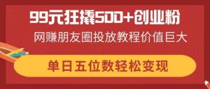 99元狂撬500+创业粉，网赚朋友圈投放教程价值巨大，单日五位数轻松变现-精品虚拟资源库