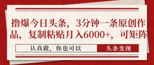 撸爆今日头条，3分钟一条原创作品，复制粘贴月入6000+，可矩阵-精品虚拟资源库