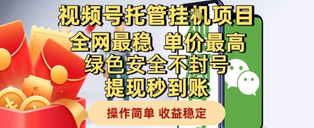 视频号托管挂G项目全网最稳，单价最高，绿色安全不封号提现秒到账，操作简单，收益稳定【揭秘】-精品虚拟资源库