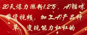 20天爆力涨粉1.2W，AI猫咪带货视频，加上AI产品种草，变现能力杠杠的-精品虚拟资源库