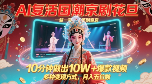 AI复活国潮京剧花旦，一颦一笑美到窒息，10分钟做出10W+爆款视频，多种变现方式，月入五位数-精品虚拟资源库