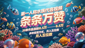 第一人称水族代言视频,条条万赞,20条作品涨粉8.5万,多种变现方式月,入五位数-精品虚拟资源库