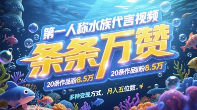 第一人称水族代言视频，条条万赞，20条作品涨粉7.8W，多种变现方式月入五位数-精品虚拟资源库