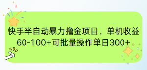 快手半自动暴力撸金项目，单机收益60-100+可批量操作单日300+-精品虚拟资源库