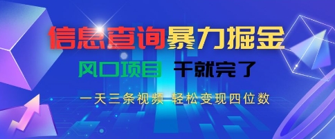信息查询暴力掘金，一天三条视频，轻松变现四位数，风口项目干就完了【揭秘】-精品虚拟资源库