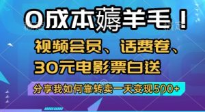0成本薅羊毛!视频会员、话费卷、30元电影票白送，分享我如何靠转卖一天变现5张+【揭秘】-精品虚拟资源库