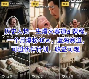 历史人物一生爆火赛道ai课程，一个月爆粉40w，蓝海赛道，可过伙伴计划，收益可观-精品虚拟资源库