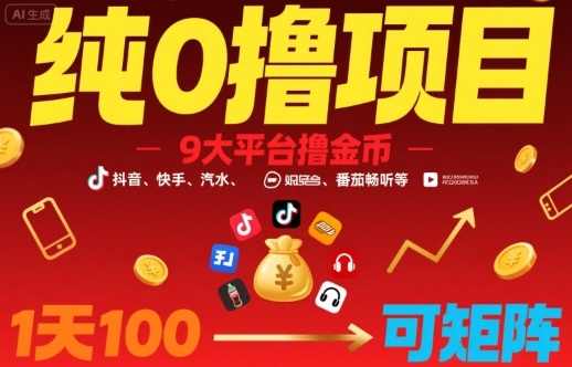纯0撸项目，9大平台撸金币，抖音，快手，汽水，番茄畅听等，1天100，可矩阵-精品虚拟资源库