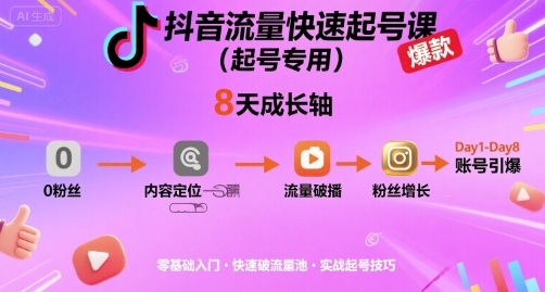 抖音流量快速起号课(起号专用)，8天带你做爆自己的账号-精品虚拟资源库