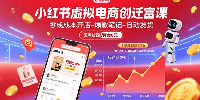 小红书虚拟电商创富课：零成本开店/爆款笔记/自动发货,30天打造被动收入-精品虚拟资源库