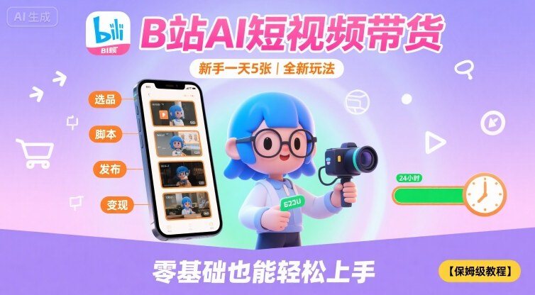 B站AI短视频带货，新手一天5张，全新玩法【保姆级教程】-精品虚拟资源库