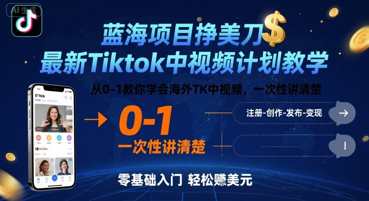 蓝海项目挣美刀，最新Tiktok中视频计划教学，从0-1教你学会海外TK中视频，一次性讲清楚-精品虚拟资源库