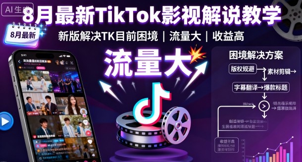8月最新TikTok影视解说教学，新版解决TK目前困境，流量大，收益高-精品虚拟资源库