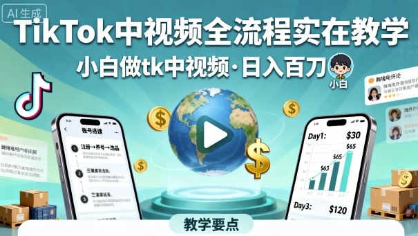 TikTok中视频全流程实操教学，小白做tk中视频，日入百刀-精品虚拟资源库