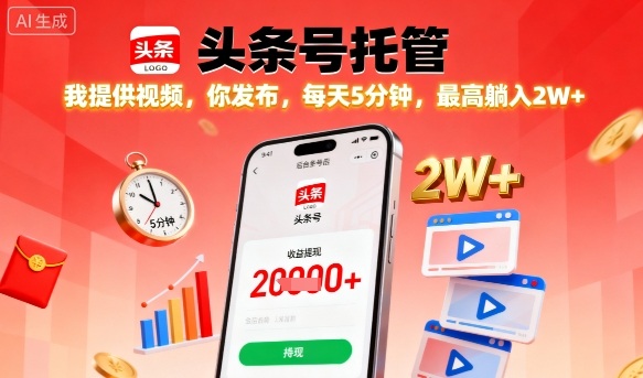 【头条号托管】我提供视频，你发布，每天5分钟，最高躺入2W+【揭秘】-精品虚拟资源库