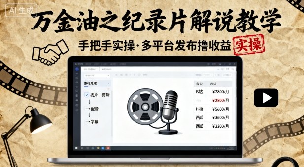 万金油之纪录片解说教学，手把手教你，完全实操，多平台发布撸收益-精品虚拟资源库