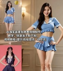 AI海军装美女跳舞视频制作教学，快速涨千粉万粉，视频教程+提示词(绘图词、动作词)-精品虚拟资源库
