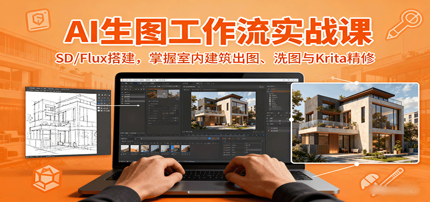 AI生图工作流实战课：SD/Flux搭建，掌握室内建筑出图、洗图与Krita精修-精品虚拟资源库