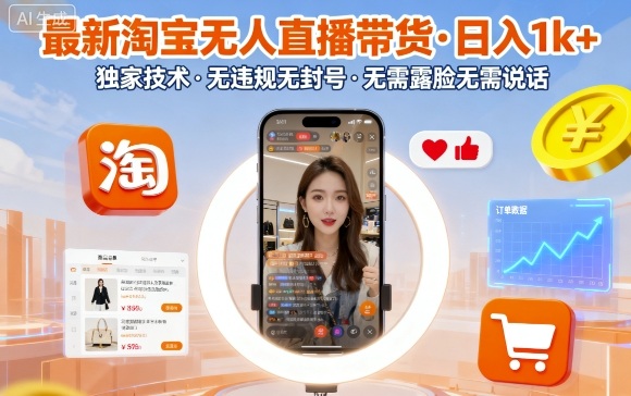 最新淘宝无人直播带货，日入1k+，独家技术，无违规无封号，无需露脸无需说话【揭秘】-精品虚拟资源库