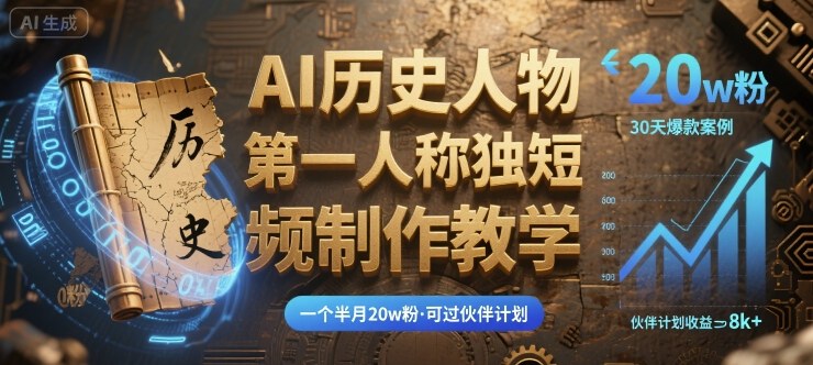 最新AI历史人物第一人称独白短视频制作教学，一个半月20w粉，可过伙伴计划-精品虚拟资源库