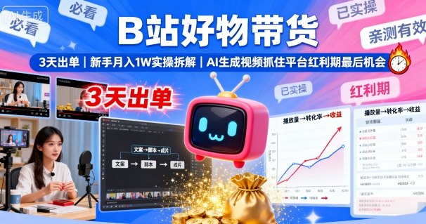 B站好物带货，3天出单，新手月入1W实操拆解，AI生成视频，抓住平台红利期最后机会-精品虚拟资源库