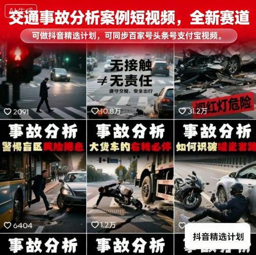 交通事故分析案例短视频，全新赛道，可做抖音精选计划，可同步百家号头条号支付宝视频号平台-精品虚拟资源库