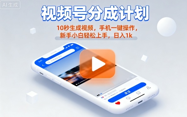 视频号分成计划懒人玩法，10秒生成视频，手机一键操作，新手小白轻松上手，日入1K【揭秘】-精品虚拟资源库