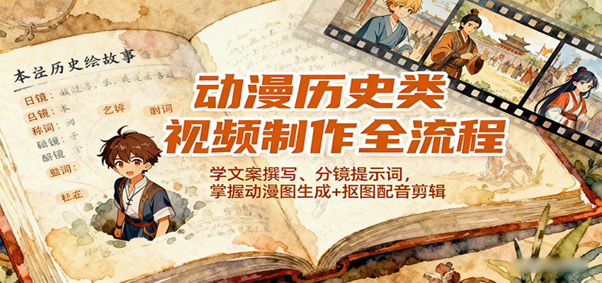 动漫历史类视频制作全流程，学文案撰写、分镜提示词，掌握动漫图生成+抠图配音剪辑-精品虚拟资源库