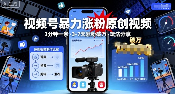 视频号暴力涨粉原创视频，3分钟一条原创视频，3-7天涨粉破万，玩法分享给你-精品虚拟资源库