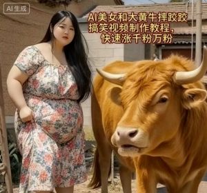 AI美女和大黄牛摔跤搞笑荒诞视频制作教程，快速涨千粉万粉-精品虚拟资源库