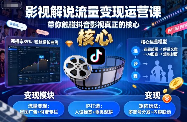 影视解说流量变现运营课，带你触碰抖音影视真正的核心-精品虚拟资源库