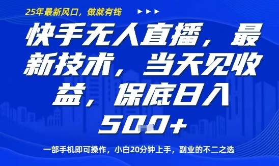快手无人直播最新技术，当天见收益，一部手机即可操作，保底日入5张，副业的不二之选【揭秘】-精品虚拟资源库