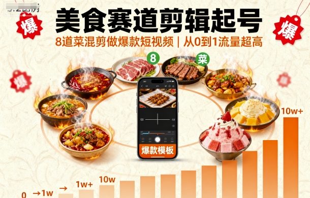 美食赛道剪辑起号，8道菜混剪做爆款短视频，从0到1，流量超高-精品虚拟资源库