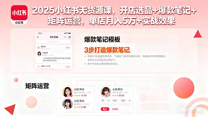 2025小红书无货源课，开店选品+爆款笔记+矩阵运营，单店月入5万+实战效果-精品虚拟资源库