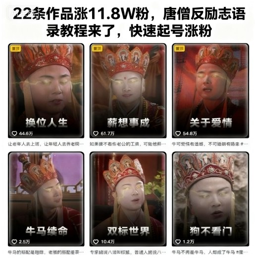 22条作品涨11.8W粉,唐僧反励志语录教程来了,快速起号涨粉-精品虚拟资源库
