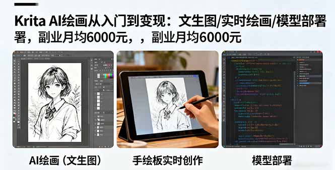 Krita AI绘画从入门到变现：文生图/实时绘画/模型部署，副业月均6000元-精品虚拟资源库