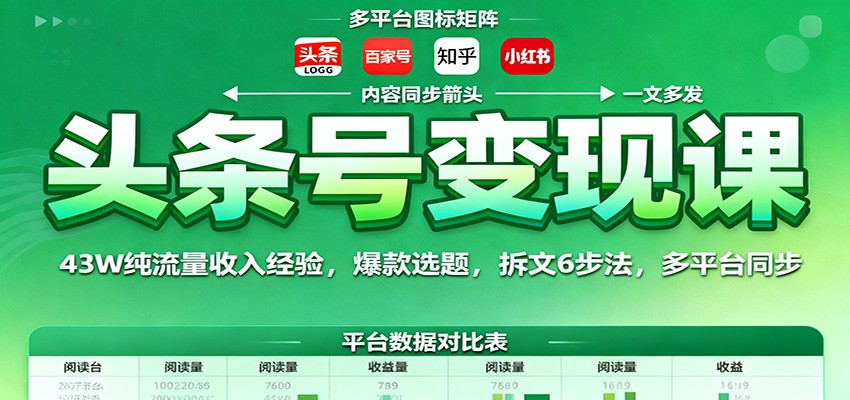 头条号变现课:43W纯流量收入经验,爆款选题,拆文6步法,多平台同步-精品虚拟资源库