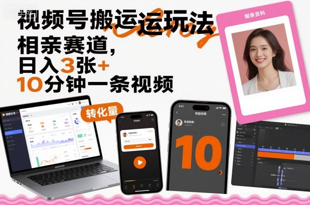 视频号搬运玩法，相亲赛道，日入3张+，10分钟一条视频-精品虚拟资源库
