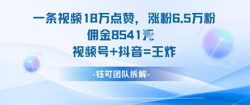 一条视频18W点赞，涨粉6.5W粉佣金8541米，视频号+抖音=王炸-精品虚拟资源库