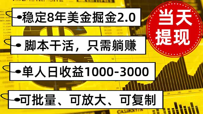 稳定8年美金掘金2.0脚本干活，只需躺赚。单人日收益1000-3000可批量、…-精品虚拟资源库