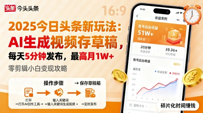 2025年今日头条躺賺新玩法，AI生成视频存草稿，每天5分钟发布，最高月1W+【揭秘】-精品虚拟资源库