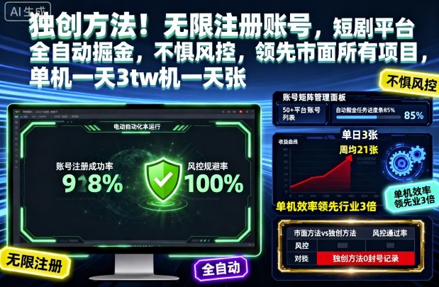 独创方法!无限注册账号,短剧平台全自动掘金,不惧风控,领先市面所有项目,单机一天3张【揭秘】-精品虚拟资源库