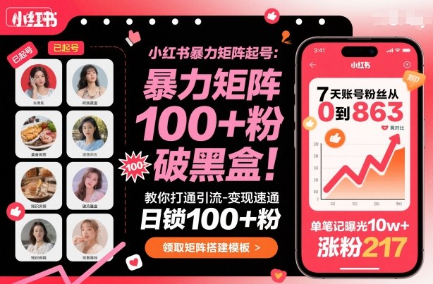 小红书暴力矩阵起号，教你打通引流-变现速通，日锁100+粉，破流量黑盒-精品虚拟资源库
