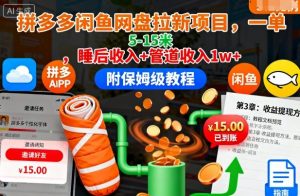 拼多多闲鱼网盘拉新项目，一单5-15米，睡后收入+管道收入1w+(附保姆级教程)-精品虚拟资源库